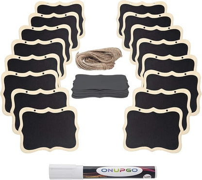 ONUPGO 16 Pack Chalkboard Tags with String, 4"x3" Hanging Chalkboard Signs with Liquid Chalk Marker, Wooden Mini Blackboard Tags Massage Board Tags, Hanging Chalkboard Price Tags