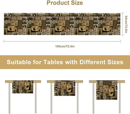 Vintage Deer Bear Table Runner, Fish Retro Farmhouse Cabin Lake Country Lodge Table Runner for Home Dinner Kitchen Living Room, 13x108 Inch