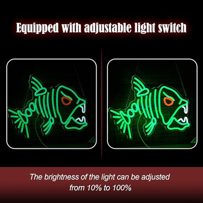 Fish Neon Sign LED Skeleton Fish Neon Light for Wall Decor Dimmable Green Fish Bones Light Up Sign for Living Room Game Room Restaurant Man Cave Art Wall Decoration (16.7 ''*12.8 '')