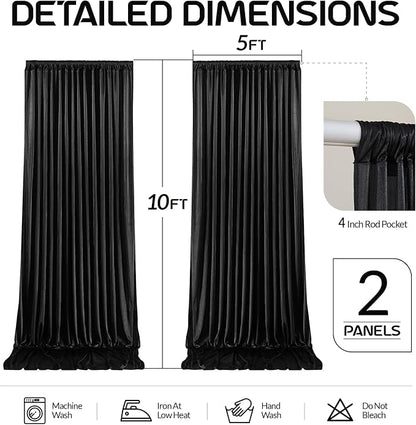 Black Satin Backdrop Curtains 2 Panels - Glitter Photo Drapes for Baby Shower, 10x10FT Shimmer Back Drop Cloth, Wrinkle Free for Birthday Party Prom Wedding Photoshoot Background
