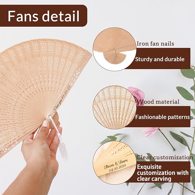 30Pcs Personalized Folding Hand Fans Custom Engraved Summer Wedding Fans,Personalized Wooden Fans Party Favor Bridal Shower Gifts for Guests