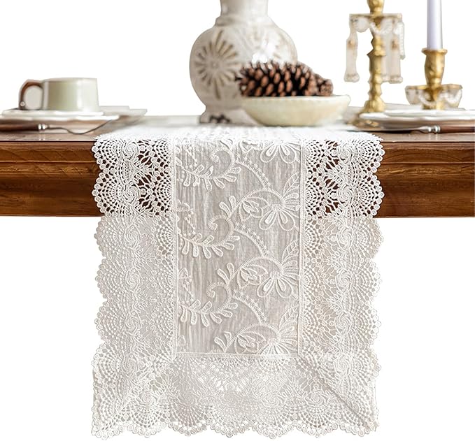 White Elegant Vintage Lace Table Runner,Wedding Lace Decor with Floral Embroidery,Tea Party Decor (White, 13.8X86 Inches)