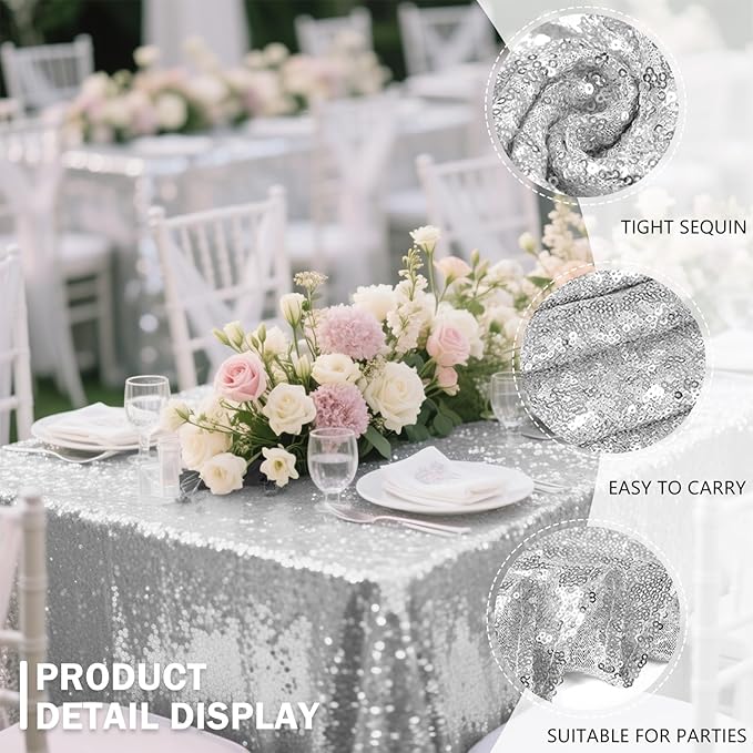 OQSQ Silver Sequin Tablecloth 50x80 inch, Sparkle Sequence Table Cover Glitter Drape Table Cloth Decorations Wedding Birthday Party