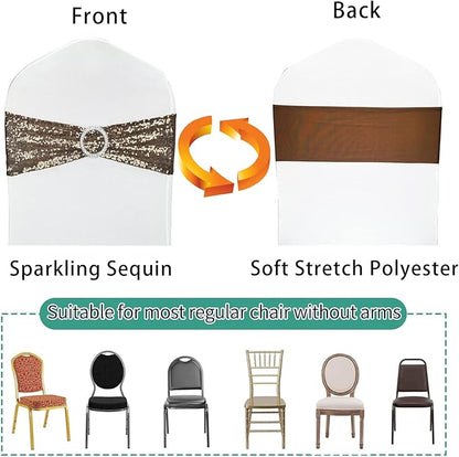 100 Pcs Chair Sashes Sequin Stretch Chair Bands Spandex Polyester Bows for Party Hotel Wedding Banquets Decoration - Coffee