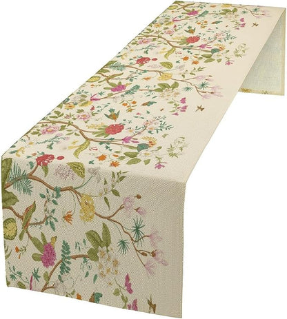 Floral Table Runner, Vintage Birds Wildflowers Herbs Nature Theme Linen Long Table Kitchen Dining Table Holiday Party Decorative Table Runner,13in（33cm） W * 108in（274cm） L