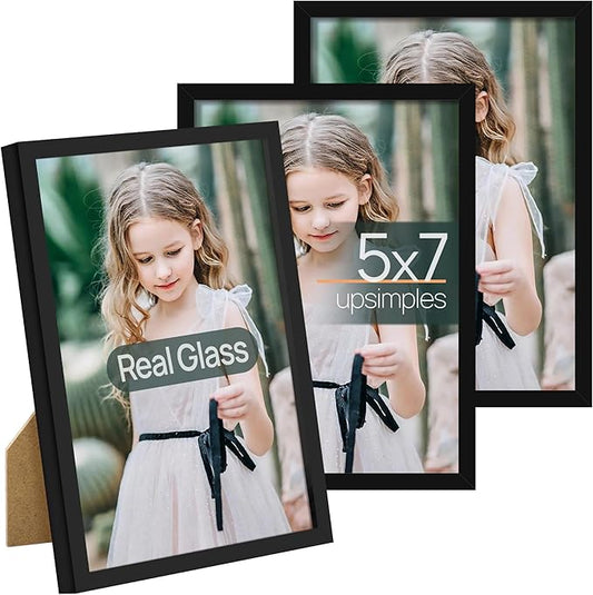 upsimples 5x7 Picture Frame Set of 3, Made of High Definition Glass for 5 x 7 Black Frames, Wall and Tabletop Display Thin Border Photo Frame for Home Décor