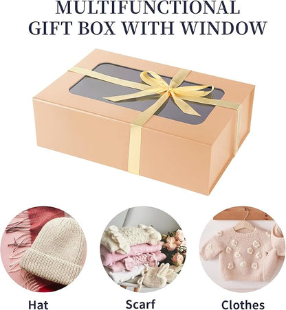 TIACABO Rose Gold Large Gift Box with Window, 13.5"x9"x4.3" Bridesmaid Boxe for Gifts Giving,Birthday Gift Boxes with Magnetic,Closure Lid Gifts Box for Presents,Cute Boxe,Luxury for Gift Packaging
