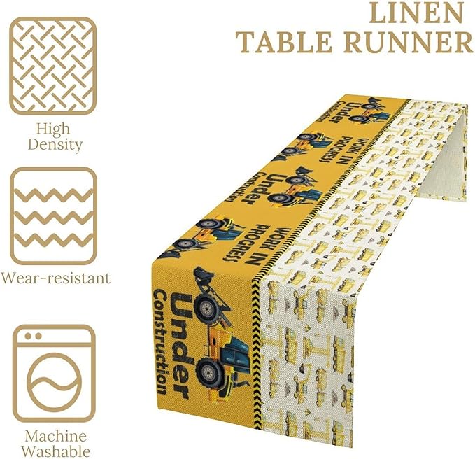 Cartoon Car Table Runner,Boys Kids Construction Vehicles Truck Yellow Print Tablecloth Burlap for Hotel Indoors Outdoor Dining Room Kitchen Home Decor,W13X L60 in