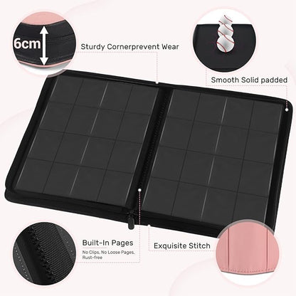 Card Binder 16 Pocket, Zipper Trading Card Binder Holds 1024 Cards, Double-sided Side Loading Card Storage Album, Ringless Card Protector, Card Collection Binder for TCG, MTG, Game Sport Card, Pink