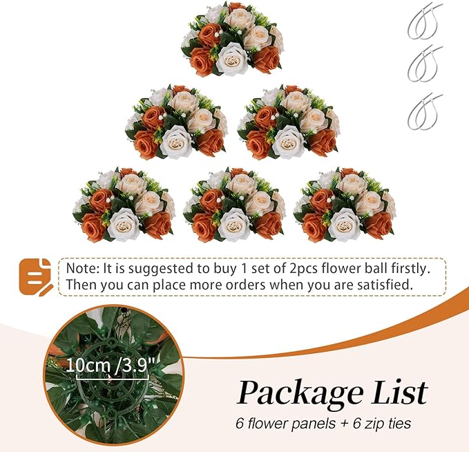 BLOSMON Terracotta Flowers for Wedding Centerpieces: 6 Pcs Fake Rose Kissing Balls Fall Table Decor - Artificial Silk Bouquet with Base Floral Arrangements Home Party Room DIY Decorations