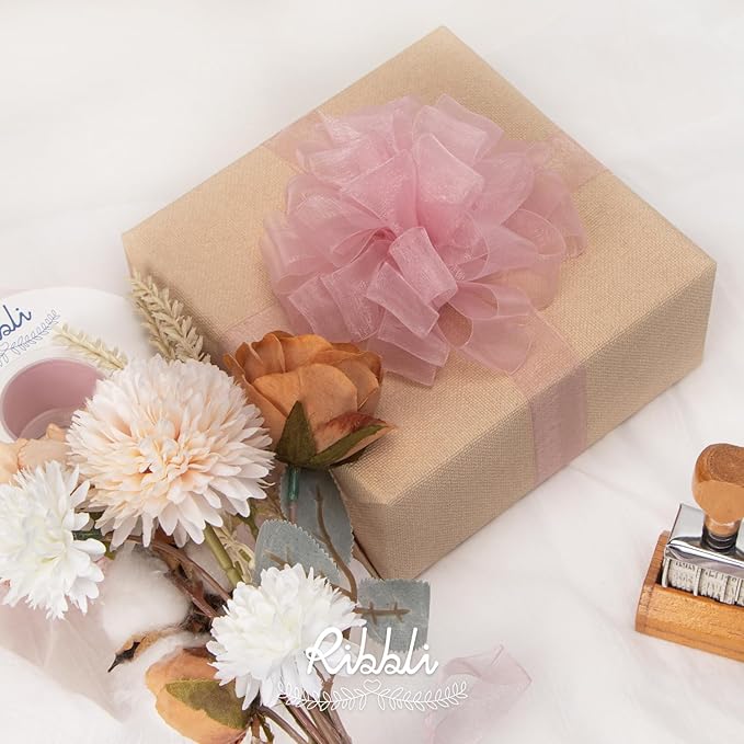 Ribbli Rose Pink Sheer Organza Ribbon,1 Inches x Continuous 50 Yard Use for Gift Wrapping,Bouquet Wrapping,Wedding Decoration,All Crafting and Sewing