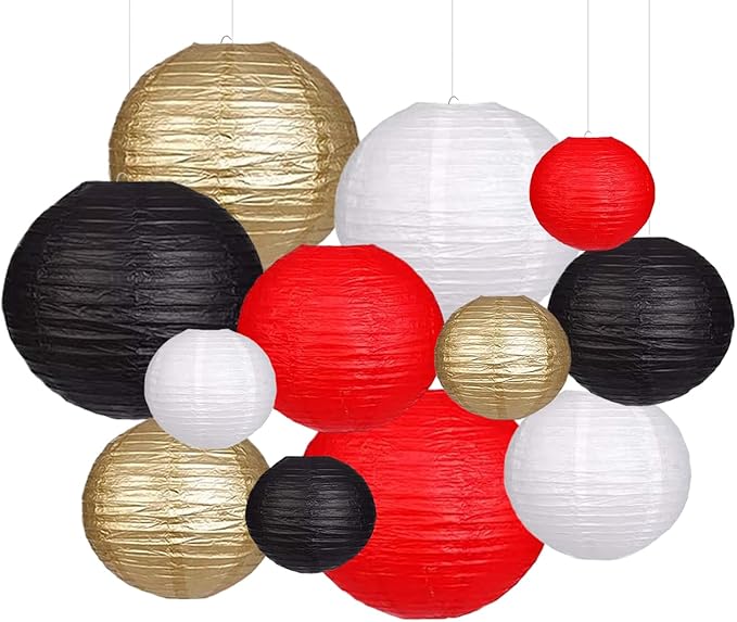 Black Red White Paper Lanterns Decorative 12pcs Party Hanging Decorations for Party Bridal Shower Wedding Baby Shower Graduation Anniversary Room Decor