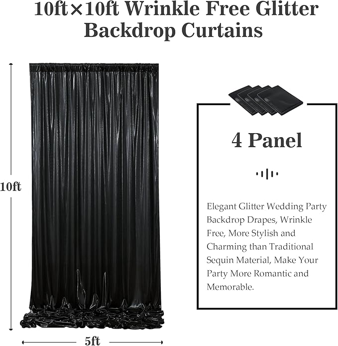 Outpain Thick 20 ft x 10 ft Black Sequin Backdrop Curtain for Parties, Wrinkle Free Glitter Photo Backdrop Drapes 4 Panels 5x10ft Black Back Drop Cloth for Wedding Christmas Photography Background