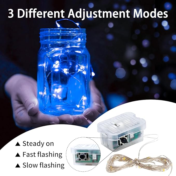 50 Pack Blue Fairy Lights 7Ft 20 LED Twinkle String Lights 3 Modes Battery Operated Waterproof Firefly Starry for Mason Jar Party Wedding Christmas Valentines Day Table Centerpieces
