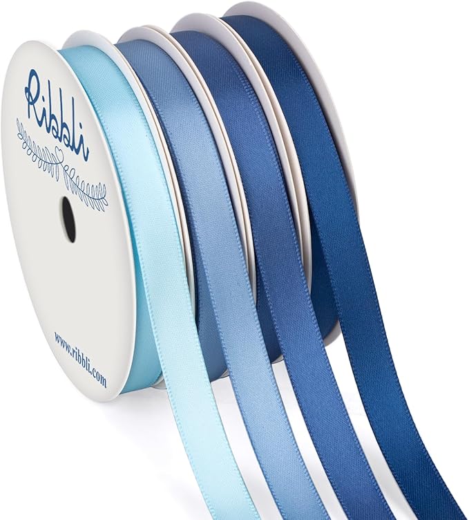Ribbli Dusty Blue Satin Ribbon 3/8 Inch x 4 Rolls Total 40 Yards- Light Blue/Dusty Blue/Smoke Blue/Light Navy Ribbon for Wrapping and Craft