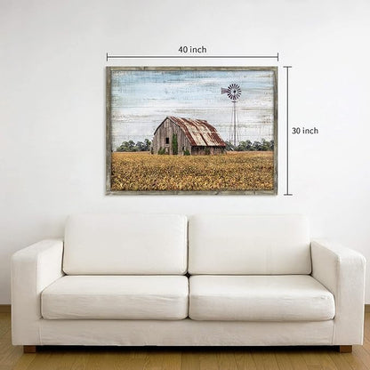 Vintage Farmhouse Wall Art Framed - Rustic Windmill Landscape Painting Artwork for Wall Decor