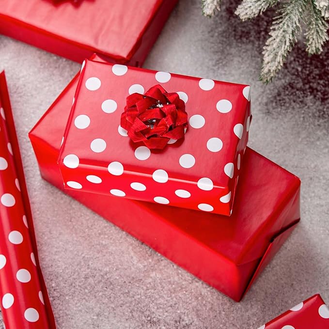 Burymento Red and White Dots Wrapping Paper, Reversible Pink Gift Wrap for Birthday, Valentines, Mothers day, Graduation, Wedding, Fathers day, Baby Shower, Christmas (17in x 32.8ft)