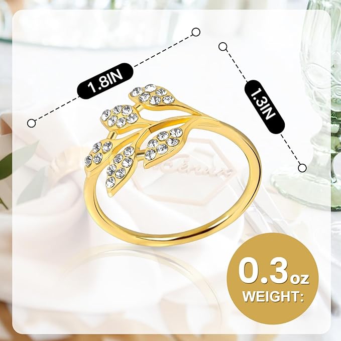 Gold Napkin Rings Set of 10,Napkin Rings Holder Buckles,Thanksgiving Christmas Napkin Ring Alloy Leaf Diamonds Napkin Ring for Dining Table Decor Wedding,Dinner Party Decorations White Diamonds 10pcs