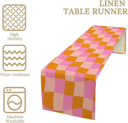 Checkered Table Runner Orange Retro 60s70s Boho Style Kitchen Restaurant Decoration Suitable for Indoor and Outdoor Festival Home Wedding Party Table Runner 13x60 Inch