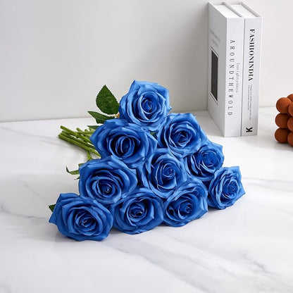 Artificial Rose 10pcs Open Flower Bouquet Faux Rose Stems for Wedding Arrangement, Bridal Bouquet, Centerpiece, Fake Faux Silk Flowers (Royal Blue)