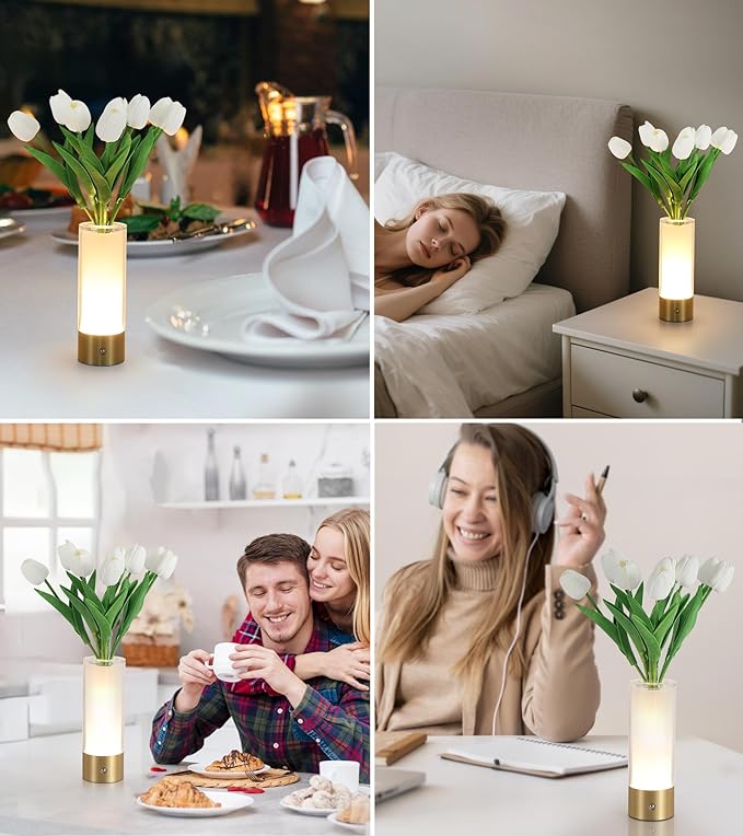 Flower Night Light,Touch Vase Lamp,Rechargeable Cordless Table Lamp,Dimming Small Mood Lighting for Dining Table/Bed Room/Bathroom/Closet,Gifts for Women/Mom, Artificial Tulips Included