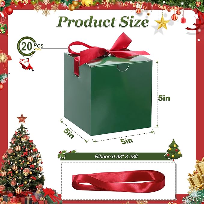 DOYIDE Small Gift Boxes, 20 Pack 5x5x5 Inch Green Elegant Paper Boxes with Ribbons, Crafting, Christmas Gift Box Wedding Party Favor, Cupcake, Candy, Bridesmaids Proposal Box