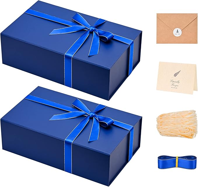 LIFELUM Navy Blue Gift Boxes 2 Pack 13.85 x 8.35 x 4.45 inch, Gift Box for Presents with Ribbon,Card,Shredded Paper Filler Magnetic Closure for Business, Father's Day, Holidays,Birthdays