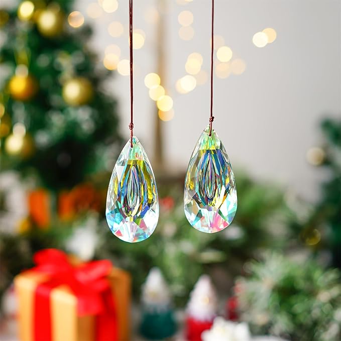HDCRYSTALGIFTS Set 2,89mm/3.5in Crystals Prisms Suncatcher for Window Hanging Indoor Chandelier Parts Rainbow Maker for Home Garden Decor (AB Colored)