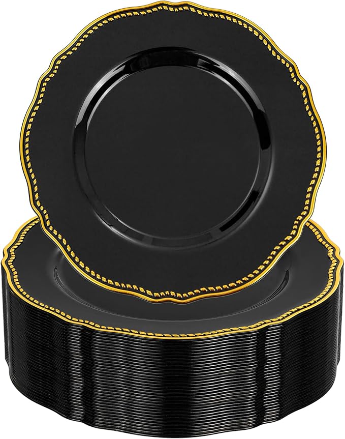 Hioasis 60pcs Black Plastic Plates - Black and Gold Disposable Dinnerware with Gold Rim, Heavy-duty, 7.5 inch, Dessert Plates for Party & Halloween