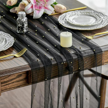 Artoid Mode 3PCS Pearl Black Gauze Table Runner 120 Inch 10FT, Seasonal Sheer Dining Holiday Wedding Birthday Baby Shower Table Decor for Home Party