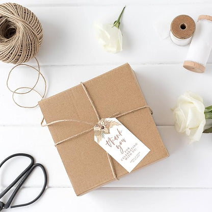 Andaz Press 100 Pack Personalized Thank You Tags with Boho Design, Dried Palms - Boho Custom Wedding Gift Tags for Wedding Party Favors - 2 x 3.75-Inches