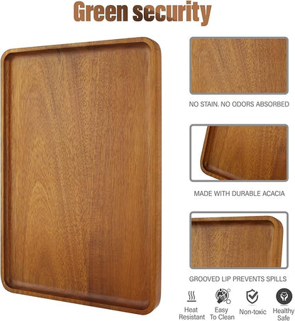 2 PCS Solid Acacia Wood Serving Trays 16 * 12 inch Rectangular Wooden Serving Platters Natural Wooden Boards for Bar Coffee Party