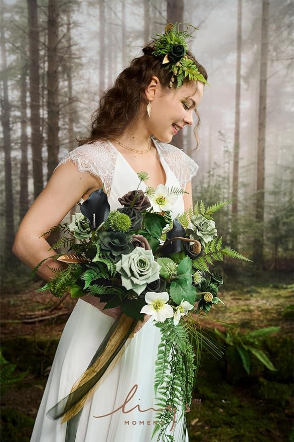 Ling's moment Forest Green Bridal Bouquet Cascading, Emerald Green Wedding Bouquets for Bride, 13 Inch Bride Bouquets for Wedding Artificial Flowers Bouquets