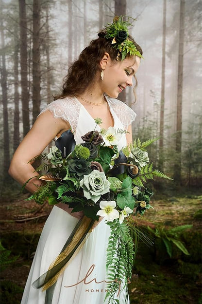 Ling's moment Forest Green Bridal Bouquet Cascading, Emerald Green Wedding Bouquets for Bride, 13 Inch Bride Bouquets for Wedding Artificial Flowers Bouquets