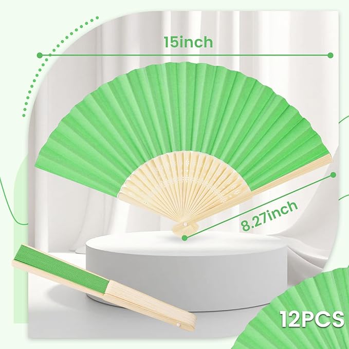 JOHOUSE 12PCS Foldable Hand Fan, 8.3 Inch Green Paper Fans for Woodland Baby Shower Decorations, Wedding, Outdoor Party Favors, Bridal Shower DIY Crafts Photography Prop