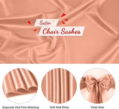 50 PCS Rose Gold Satin Chair Sashes Bows Universal Chair Ribbon Ties Back Sash for Wedding Party Reception Events Banquets Hotel Event Chair Cover Decoration (7x108 inch)