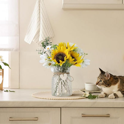 Artificial Sunflower Bouquets in Vase with a Flower Arrangement Holder - Centerpieces for Dining Room & Coffee Table Decor