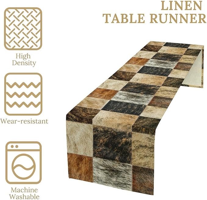 Rustic Cow Skin Patchwork Print Table Runner, Farmhouse Country Western Style Fur Table Cover for Dinning Home Party Holidays Home Setting, 13x70 Inch