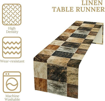 Rustic Cow Skin Patchwork Print Table Runner, Farmhouse Country Western Style Fur Table Cover for Dinning Home Party Holidays Home Setting, 13x120 Inch