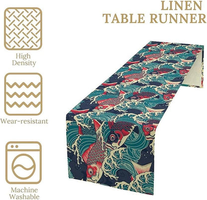 Kio Fish Table Runner Waves Japanese Tradition Art Printed Burlap Runner Home Kitchen Dining Table Living Room Decor Fabric 1 Panel W13xL108in