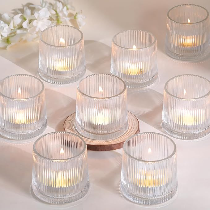 DARJEN Clear Ribbed Tealight Votive Candle Holders Set of 10- Tea Light Candle Holder Glass for Table Centerpiece, Engagement Parties, Birthday Parties & Wedding Shower