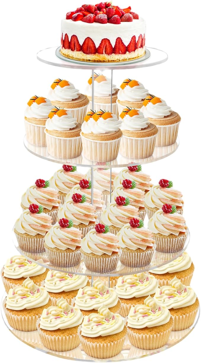 Cupcake Stand, 4 Tier Cupcake Stand for 50 Cupcakes, Round Tiered Cupcake Tower, Clear Acrylic Cupcake Holder, Dessert Stands for Party, Wedding, Birthday, Baby Shower, Halloween