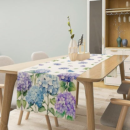 Spring Hydrangea Flower Table Runner, Seasonal Summer Plants Watercolor Florals Butterfly Dinner Runner for Home Kitchen Dining Table Party Holiday Decoration 13"x108"