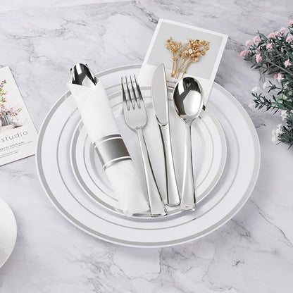 BESTVIP 50 Pack Pre Rolled Silver Plastic Silverware Set, Disposable Wrapped Cutlery Set with 50 Napkins, 50 Knives, 50 Forks and 50 Spoons for Party, Birthday