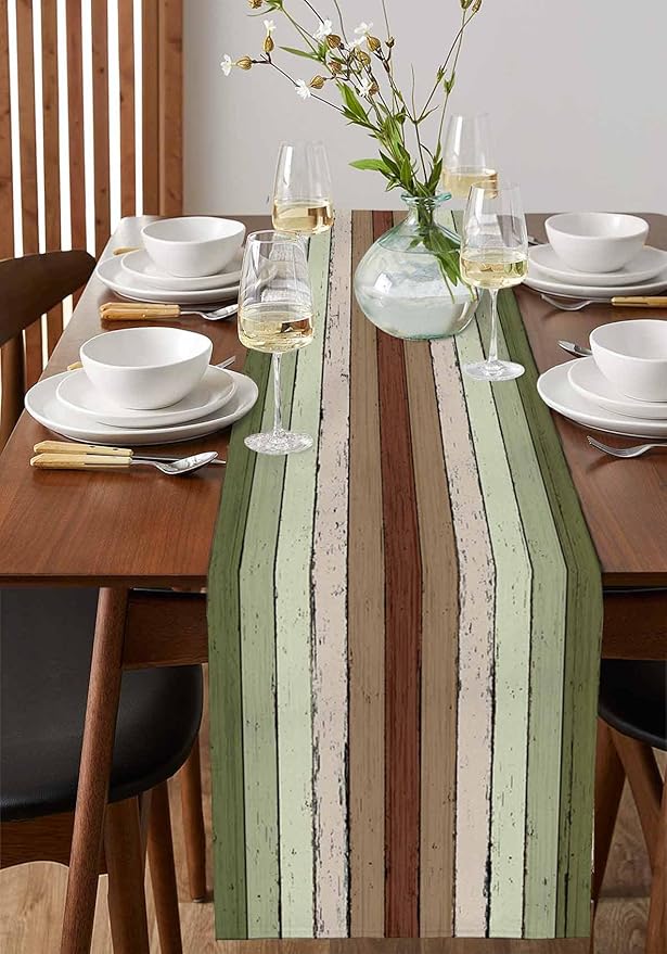 Sage Green Wooden Cotton Linen Table Runner for Dining Kitchen, Wedding Outdoor Party Tablerunners Decoration, Vintage Country Retro Distressed Grain Dresser Scarf Coffee Tablecloth Runners 13''x48''