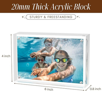 CATIFLIN 4x6 Magnetic Acrylic Frames 2 Pack, Double Sided Clear Frameless Picture Frame Blocks, 20mm Thick Photo Frames Free Standing Display for Family Photos, Certificates, Office, Artwork