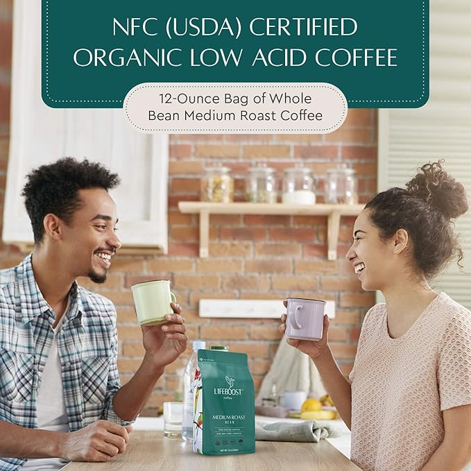 Lifeboost Organic Coffee Beans Medium Roast - Low Acid Single Origin Non-GMO Organic Whole Bean Coffee - Third Party Tested For Mycotoxins & Pesticides - 12 Ounces