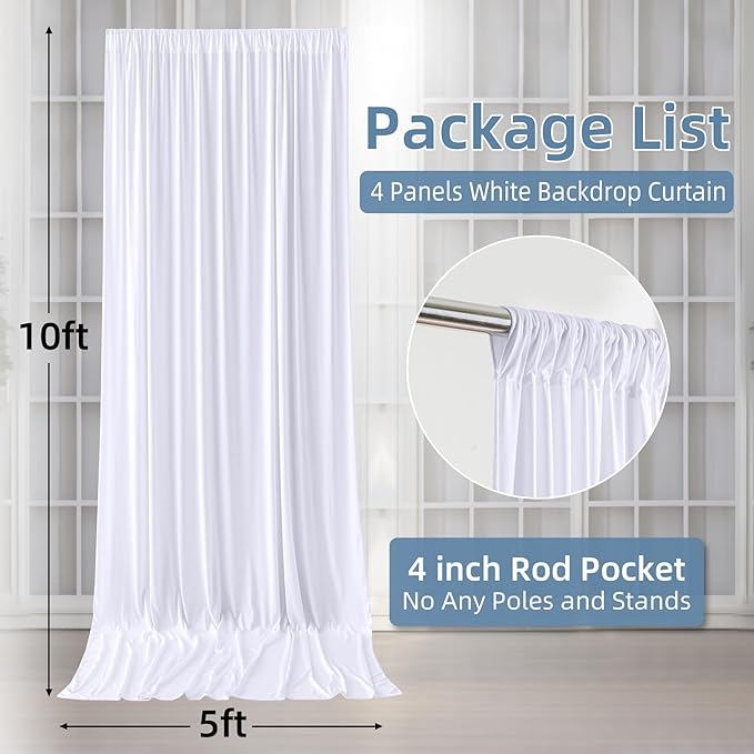 20ft×10ft Wrinkle Free White Backdrop Curtains for Parties, Thick Polyester Drapes for Backdrop, 2 Panels 5×10ft Cloth Photo Backdrop Curtain for Wedding Party Baby Shower Photography Background