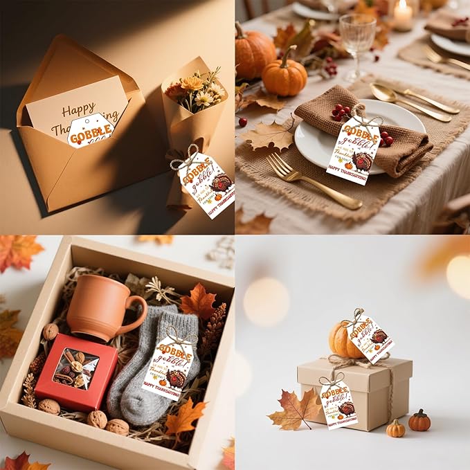 50Pcs Happy Thanksgiving Gift Tags With String, 3.3x2.1 Inch So Very Thankful For You Tags, Gobble Thanksgiving Name Tags With Turkey Pumpkin Leaf for Autumn Holiday Party Favors DIY Craft