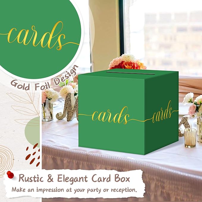 QIKSION Green Graduation Card Box, Gold Foil Gift Card Box for Graduation, Party, Wedding Reception, Birthday, Baby Shower, Raffle